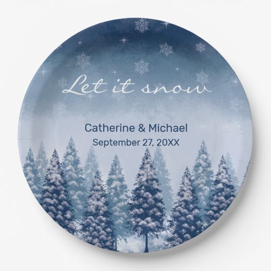 Blauwe Winter Wonderland Pine Kerstbruiloft Papieren Bordje (Voorkant)