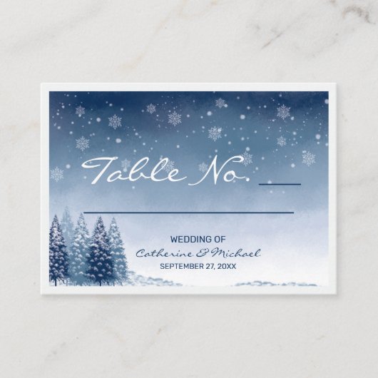 Blauwe Winter Wonderland Pine Kerstbruiloft Plaatskaartje (Voorkant)