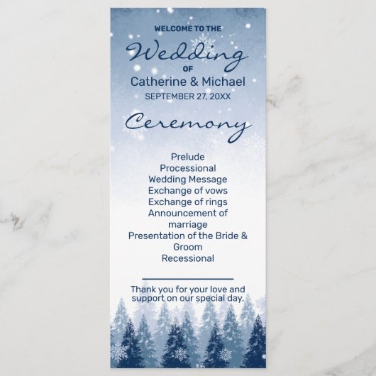Blauwe Winter Wonderland Pine Kerstbruiloft Programmakaart (Voorkant)