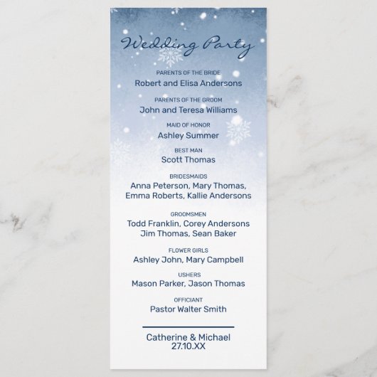 Blauwe Winter Wonderland Pine Kerstbruiloft Programmakaart (Achterkant)