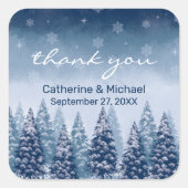 Blauwe Winter Wonderland Pine Kerstbruiloft Vierkante Sticker (Voorkant)