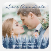 Blauwe Winter Wonderland Pine Kerstbruiloft Vierkante Sticker (Voorkant)