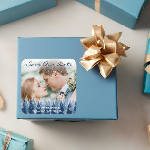 Blauwe Winter Wonderland Pine Kerstbruiloft Vierkante Sticker