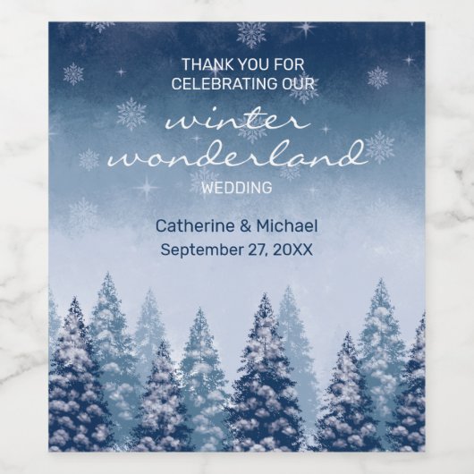 Blauwe Winter Wonderland Pine Kerstbruiloft Wijn Etiket (Enkel label)