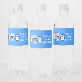 Blauwe Winter wonderland poolpinguïns van beer Waterfles Etiket