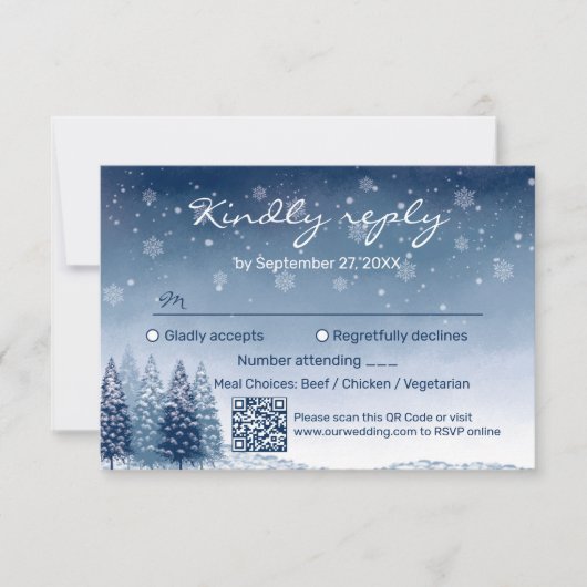 Blauwe Winter Wonderland QR Code Bruiloft RSVP Kaartje (Voorkant)