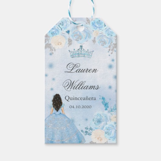 Blauwe Winter Wonderland Quinceanera Party Cadeaulabel (Voorkant)