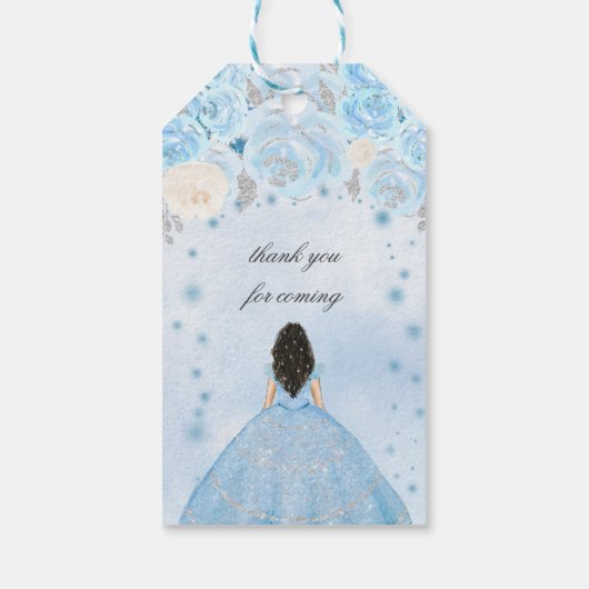 Blauwe Winter Wonderland Quinceanera Party Cadeaulabel (Achterkant)