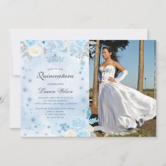 Blauwe Winter Wonderland Quinceanera uitnodiging (Voorkant)