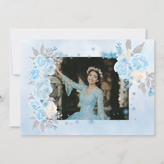 Blauwe Winter Wonderland Quinceanera uitnodiging (Achterkant)