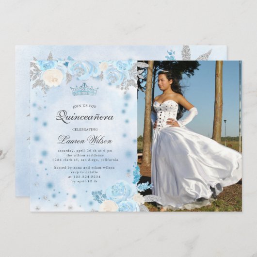 Blauwe Winter Wonderland Quinceanera uitnodiging (Voorkant / Achterkant)