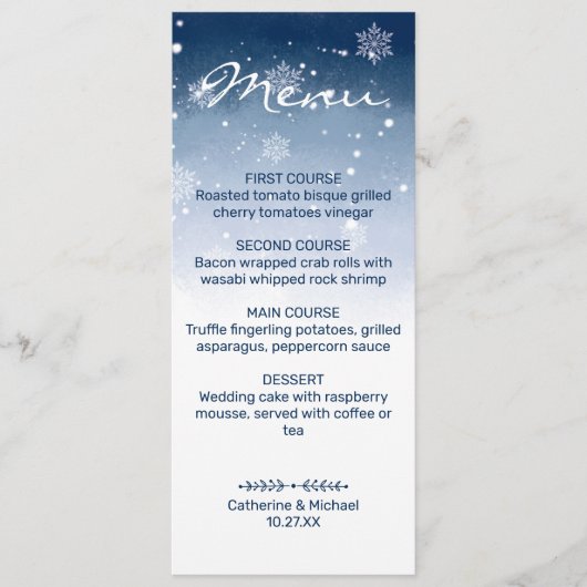 Blauwe Winter Wonderland Sneeuwval Kerstmis bruilo Menu (Voorkant)
