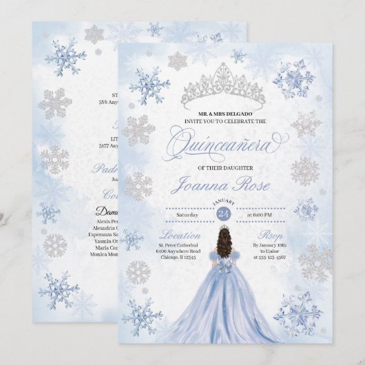 Blauwe Winter Wonderland Sneeuwvlok Quinceanera Kaart (Voorkant / Achterkant)
