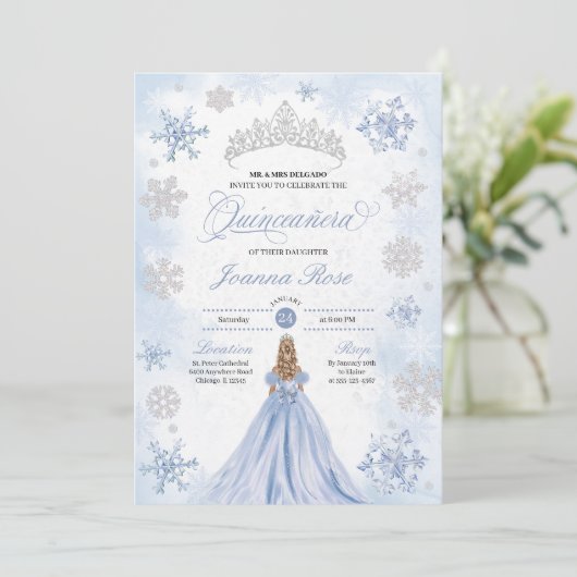 Blauwe Winter Wonderland Sneeuwvlok Quinceanera Kaart (Staand voorkant)