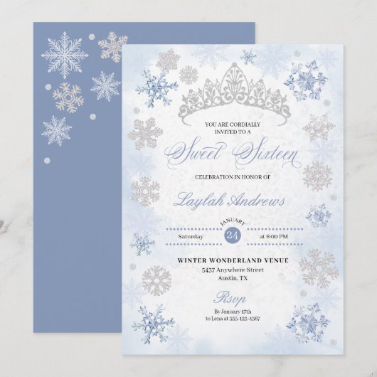 Blauwe Winter Wonderland Sneeuwvlok Zoet 16 Kaart (Voorkant / Achterkant)