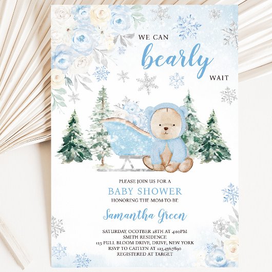 Blauwe Winterbeer Baby Shower Kaart