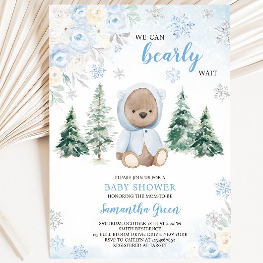 Blauwe Winterbeer Baby Shower Kaart