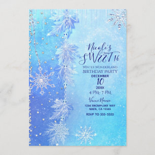 Blauwe Winterbladeren & Sneeuwvlokken Sweet 16 Fee Kaart