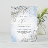 Blauwe winterbloemen ivoren rozen ze zei ja kaart (Staand voorkant)