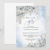 Blauwe winterbloemen ivoren rozen ze zei ja kaart (Voorkant / Achterkant)