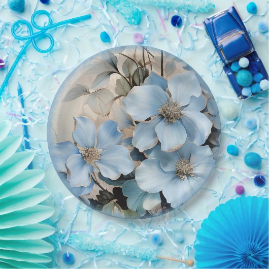 Blauwe winterbloemen papieren bordje (Feest)