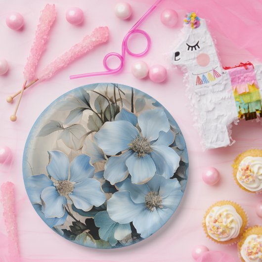 Blauwe winterbloemen papieren bordje (Feest)