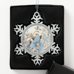 Blauwe winterbloemen tin sneeuwvlok ornament