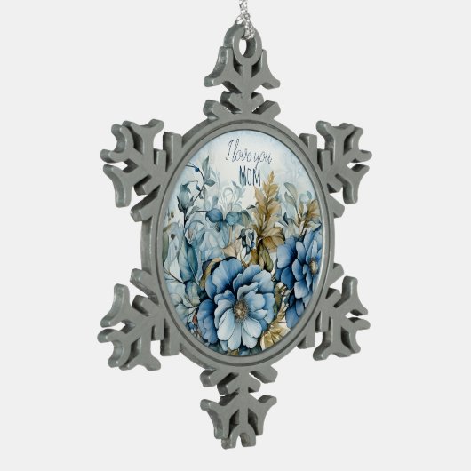 Blauwe winterbloemen tin sneeuwvlok ornament (Links)