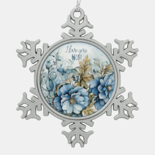 Blauwe winterbloemen tin sneeuwvlok ornament
