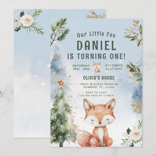 Blauwe Winterbos Vos 1e Verjaardag Kaart (Voorkant / Achterkant)