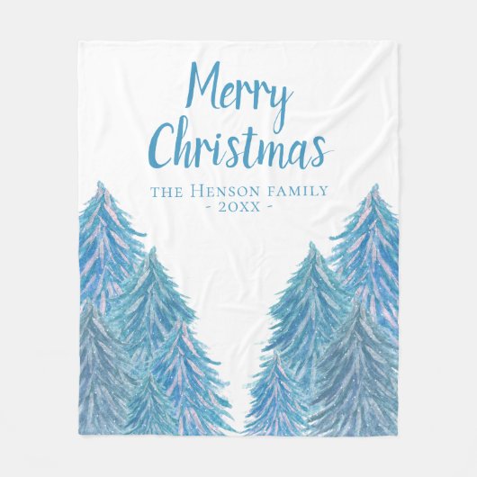 Blauwe winterbosboom Waterverf kerstmis Fleece Deken (Voorkant)