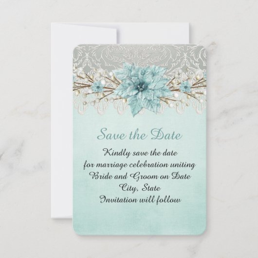 Blauwe Winterdag Damask Bewaar de datum Save The Date (Voorkant)