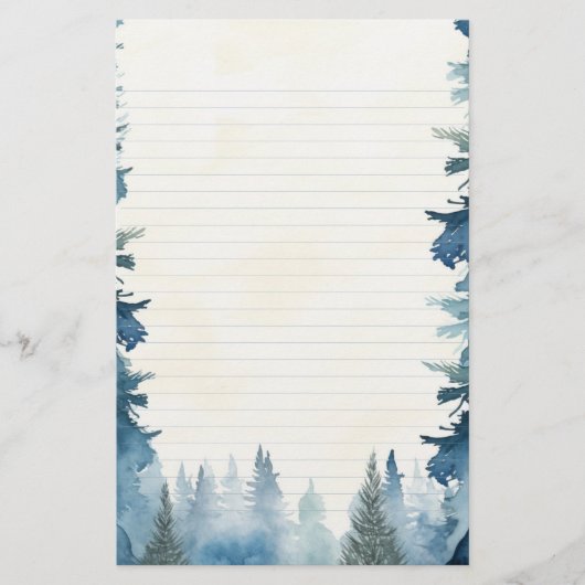 Blauwe winterdennenbomen bekleed briefpapier (Voorkant)