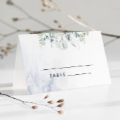 Blauwe winterkaarten voor eucalyptus bruiloft plaatskaartje