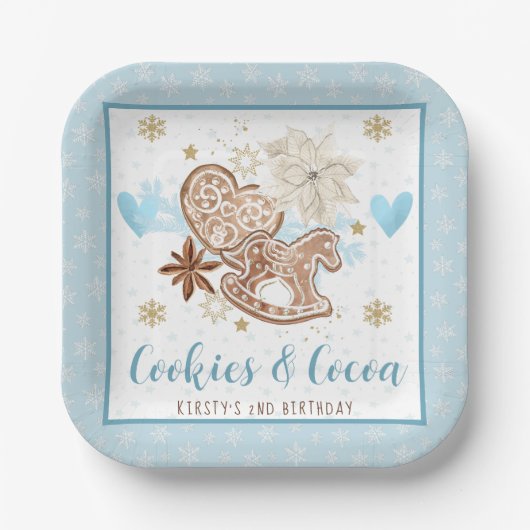 Blauwe Winterkoekjes & Cacaoverjaardagsfeestje Papieren Bordje (Voorkant)