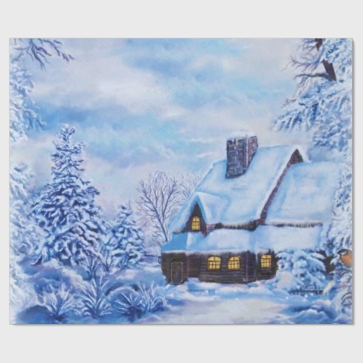 Blauwe winterlandschapskool cadeaupapier (Vlak)