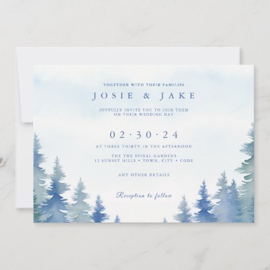  blauwe winterpijnbomen trouwuitnodiging kaart (Voorkant)