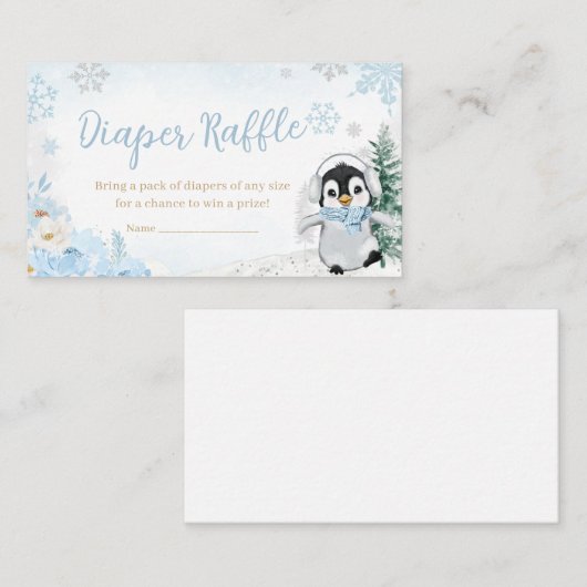Blauwe Winterpinguïn Baby shower Luier Raffle Informatiekaartje (Voorkant / Achterkant)