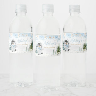 Blauwe Winterpinguïn Baby shower Waterfles Etiket