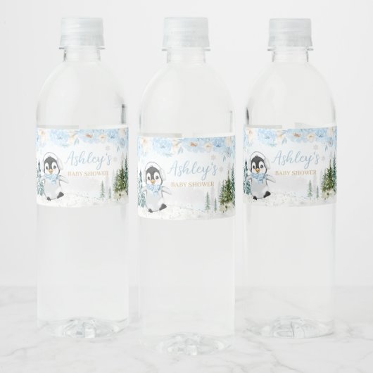 Blauwe Winterpinguïn Baby shower Waterfles Etiket (Flessen)