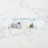 Blauwe Winterpinguïn Baby shower Waterfles Etiket (Enkel label)