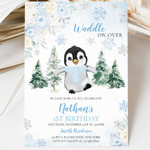 Blauwe Winterpinguïn Verjaardagsfeestje Kaart