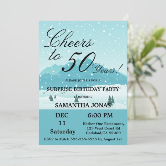 Blauwe winterschuur Blauwe Surprise 50th Birthday Kaart (Staand voorkant)