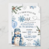 Blauwe wintersneeuw veel plezier eerste verjaardag kaart (Voorkant)