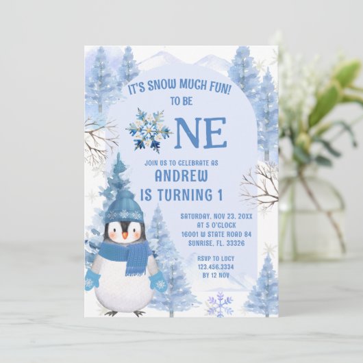 Blauwe wintersneeuw veel plezier eerste verjaardag kaart (Staand voorkant)