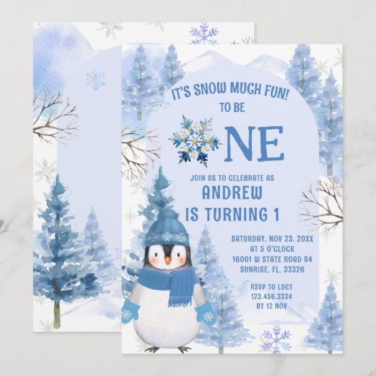 Blauwe wintersneeuw veel plezier eerste verjaardag kaart (Voorkant / Achterkant)