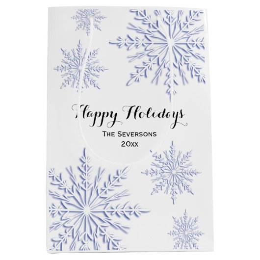 Blauwe wintersneeuwvlokken Prettige feestdagen Medium Cadeauzakje (Voorkant)