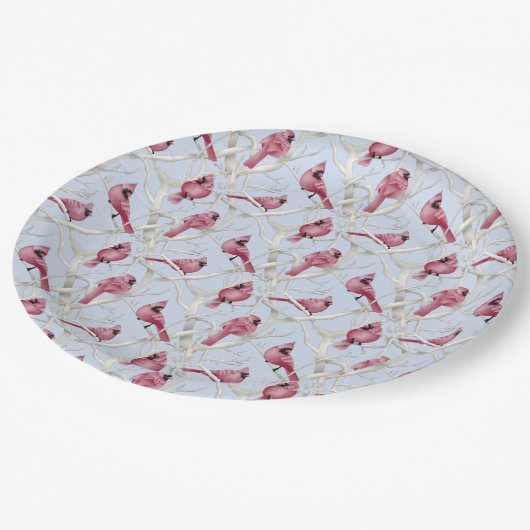 Blauwe wintertuin kerstkardinale vogels papieren bordje (Gekanteld)