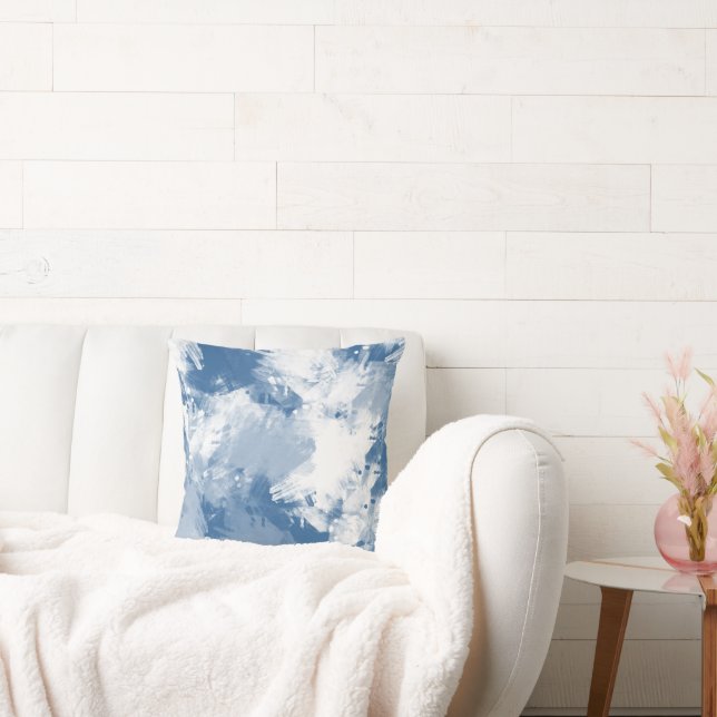 Blauwe witte Abstracte matige penseelstreken Kussen (Bank)