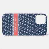 Blauwe witte anchor Pattern Coral Name Case-Mate iPhone Case (Achterkant (horizontaal))